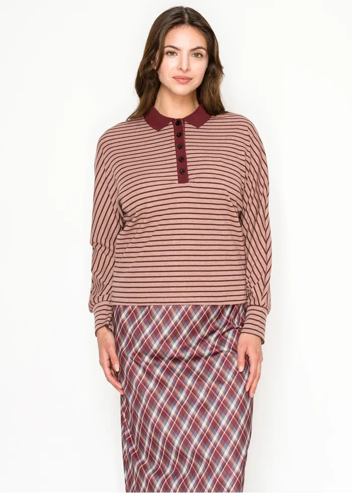 Striped Collared Top in Rose and Burgundy