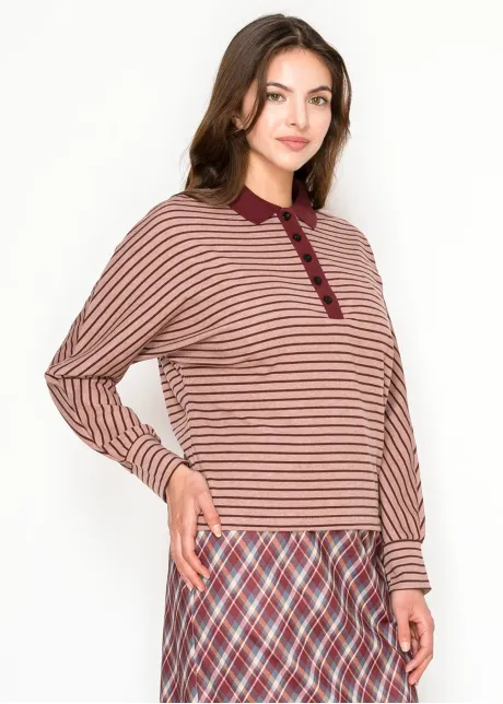 Striped Collared Top in Rose and Burgundy