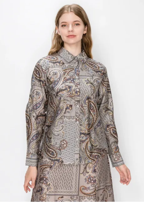 Paisley Print Button Down Shirt in Grey