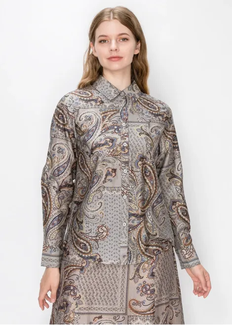 Paisley Print Button Down Shirt in Grey