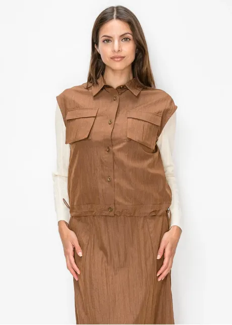 Brown Button Front Vest with Flap Pockets