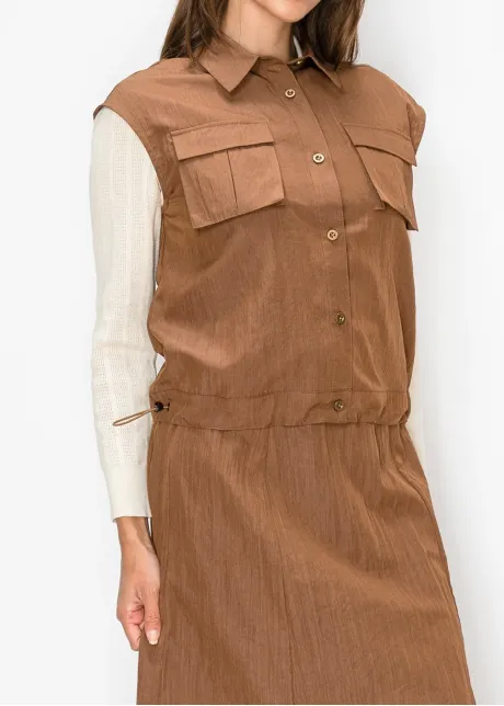 Brown Button Front Vest with Flap Pockets