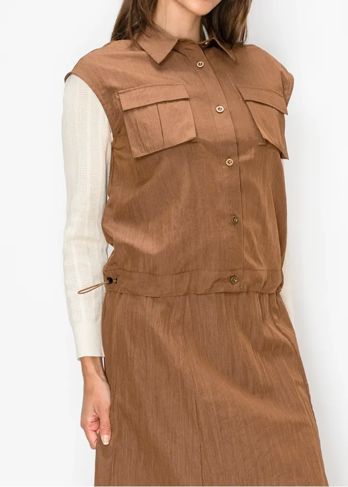 Brown Button Front Vest with Flap Pockets