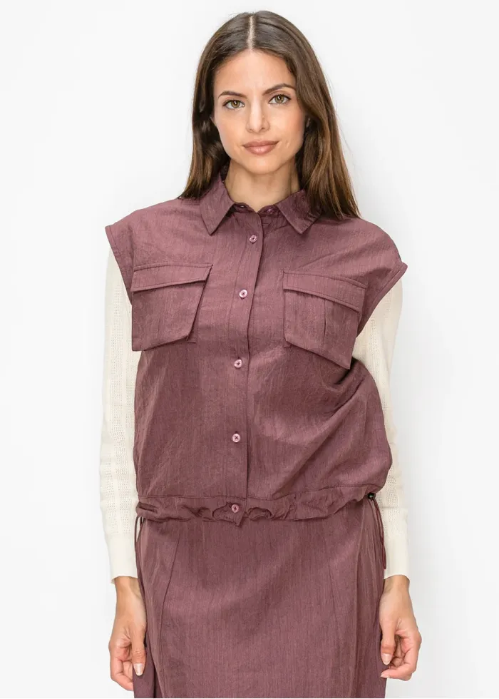 Purple Button-Front Vest with Flap Pockets