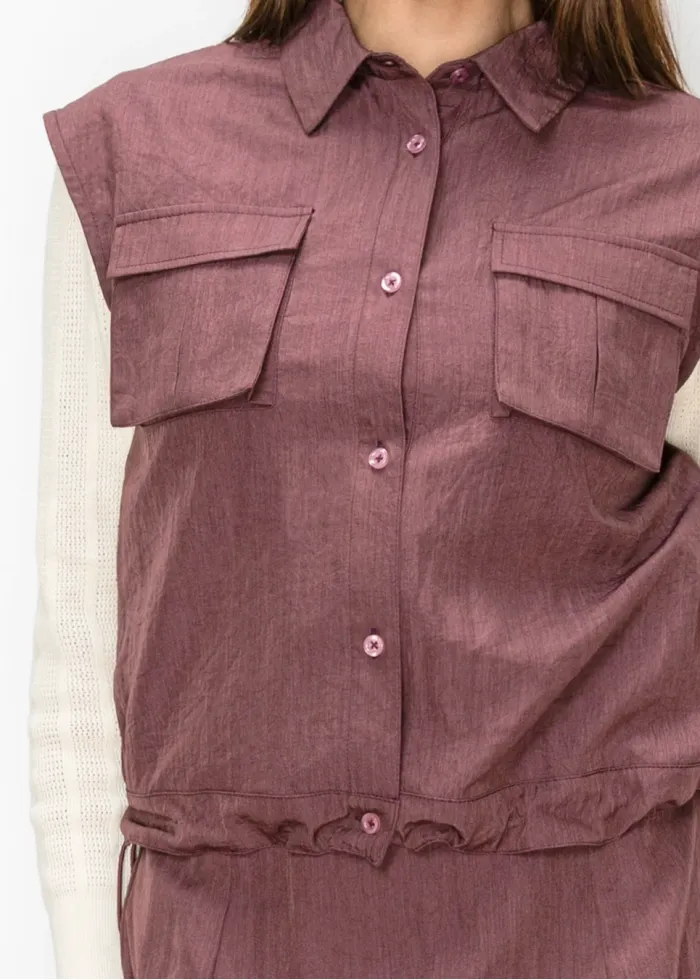 Purple Button-Front Vest with Flap Pockets