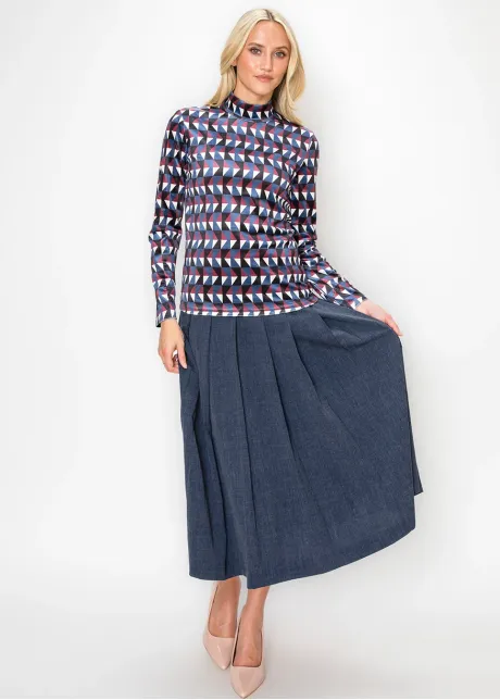 Geometric Mock Neck Top in Burgundy and Blue