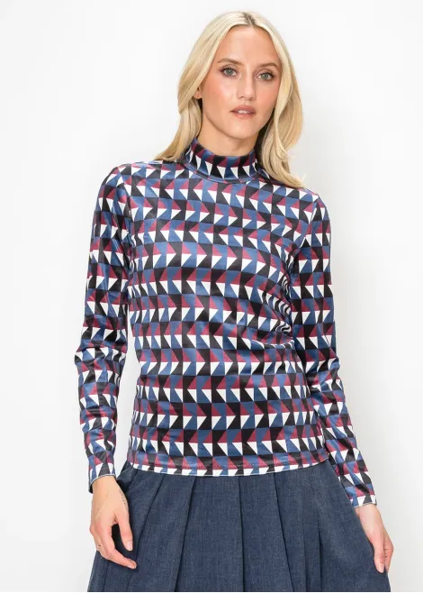 Geometric Mock Neck Top in Burgundy and Blue