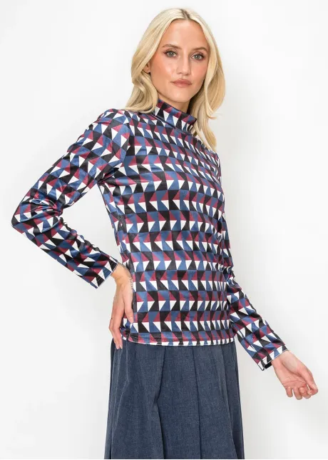 Geometric Mock Neck Top in Burgundy and Blue