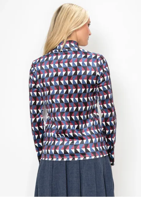 Geometric Mock Neck Top in Burgundy and Blue