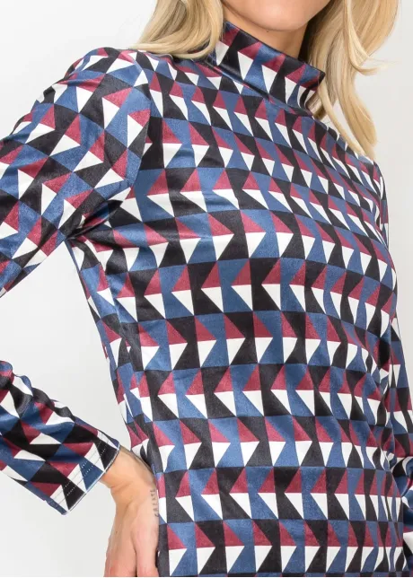 Geometric Mock Neck Top in Burgundy and Blue