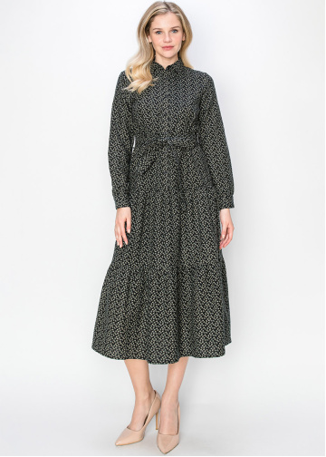 Black Floral Belted Midi Dress