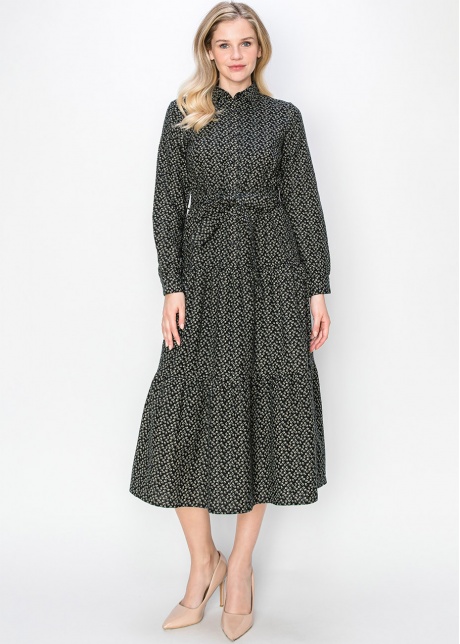 Black Floral Belted Midi Dress