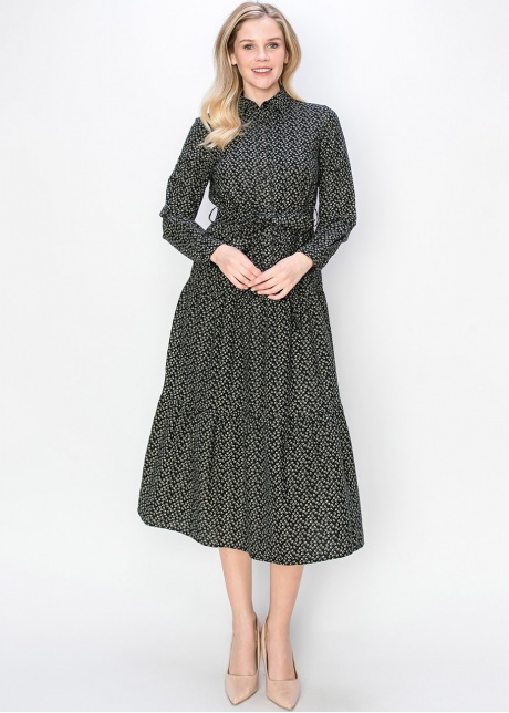 Black Floral Belted Midi Dress