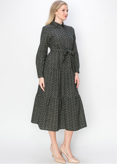 Black Floral Belted Midi Dress
