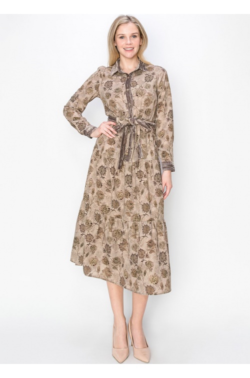 Taupe Garden Print Midi Dress