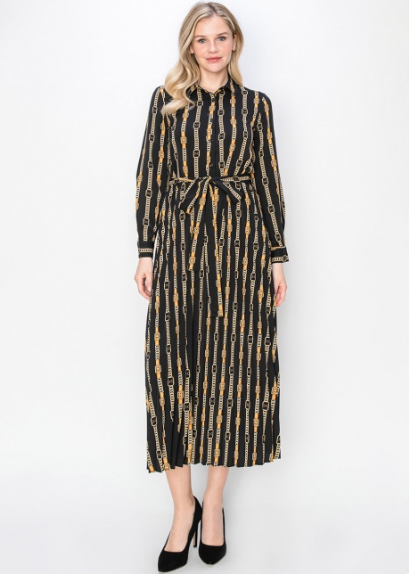 Black & Gold Pleated Dress with Belt