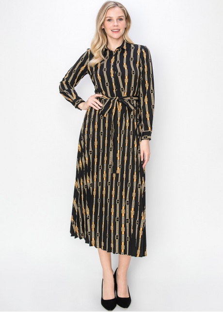 Black & Gold Pleated Dress with Belt