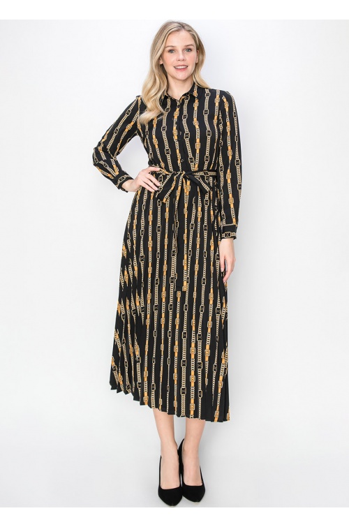 Black & Gold Pleated Dress with Belt