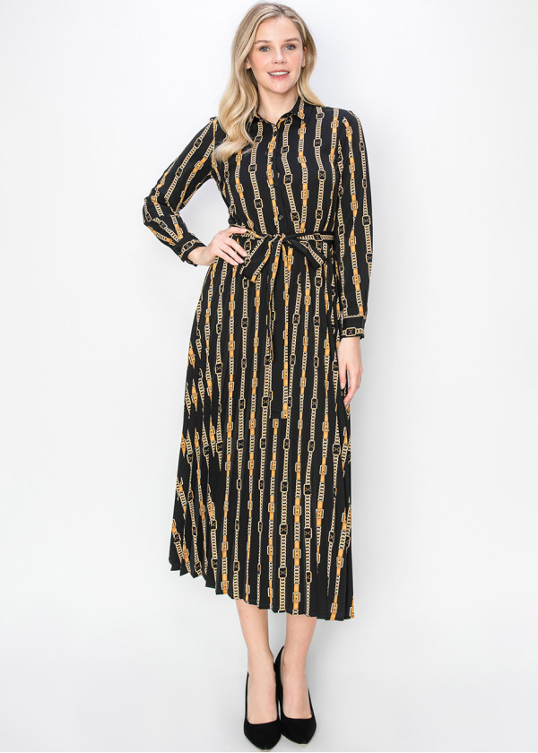 Black & Gold Pleated Dress with Belt