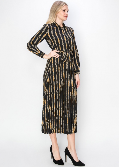 Black & Gold Pleated Dress with Belt