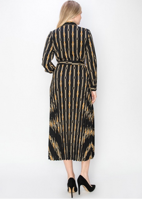 Black & Gold Pleated Dress with Belt