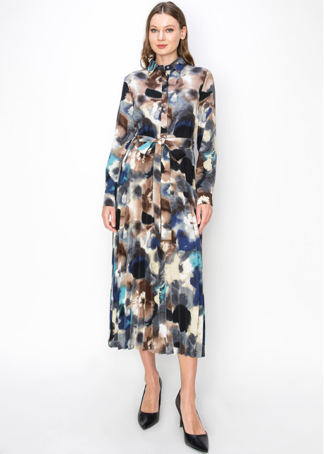 Artistic Pleated Midi Dress with Tie Belt
