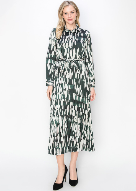 Green Abstract Print Pleated Dress