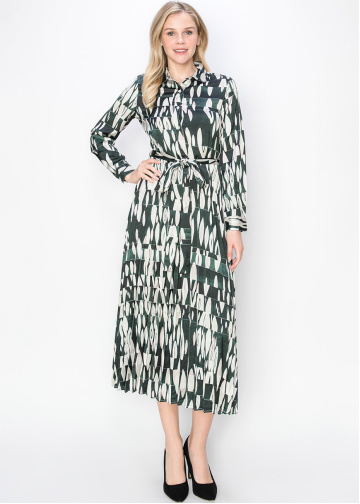 Green Abstract Print Pleated Dress