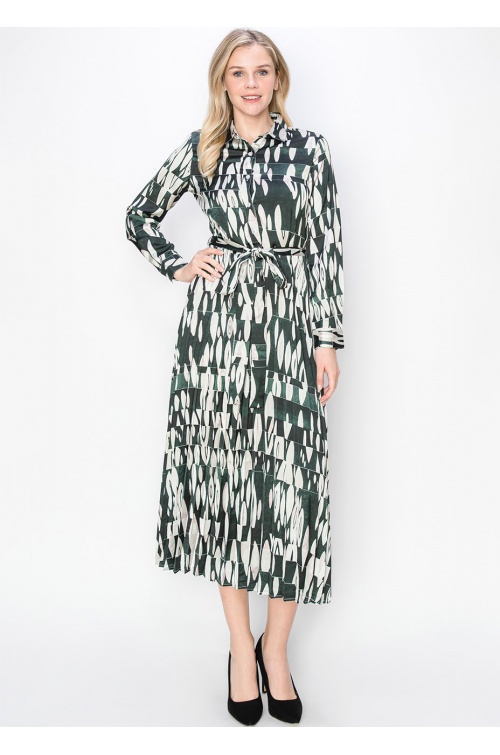 Green Abstract Print Pleated Dress