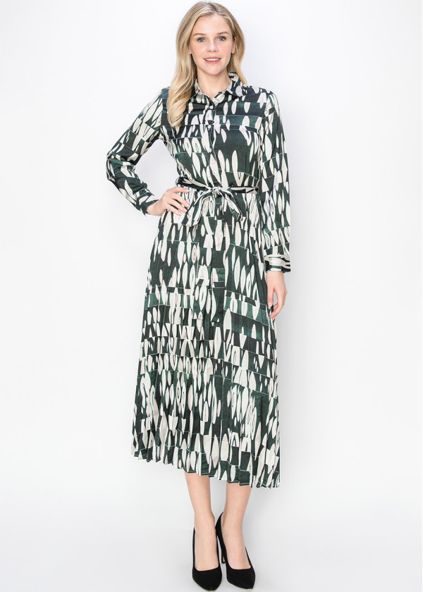 Green Abstract Print Pleated Dress