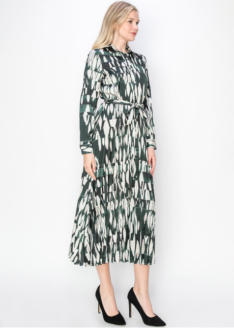 Green Abstract Print Pleated Dress