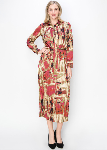 Autumn-Toned Belted Dress with Collar