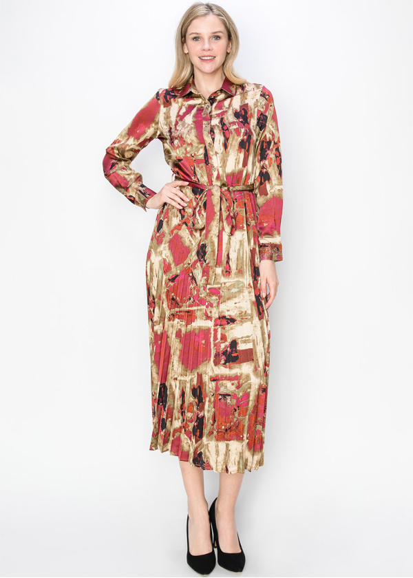 Autumn-Toned Belted Dress with Collar