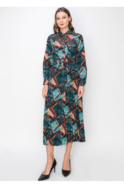 Abstract Turquoise Pleated Midi Dress