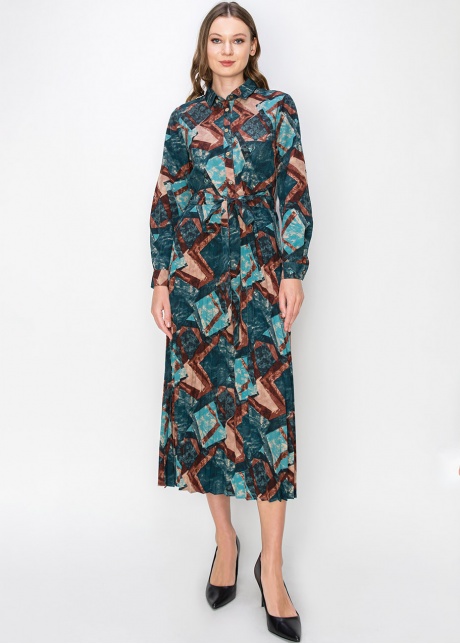 Abstract Turquoise Pleated Midi Dress