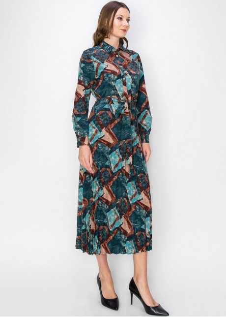 Abstract Turquoise Pleated Midi Dress