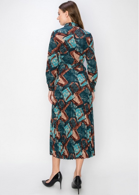 Abstract Turquoise Pleated Midi Dress