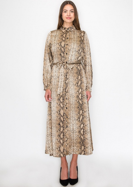 Brown Snake-Print Long Sleeve Dress