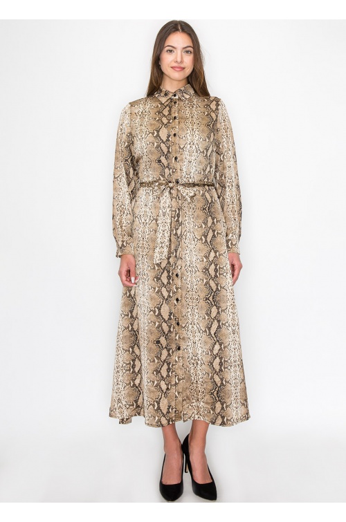 Brown Snake-Print Long Sleeve Dress