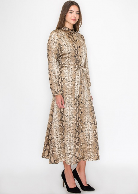 Brown Snake-Print Long Sleeve Dress