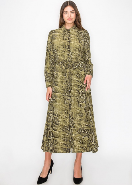Green Snake-Print Button-Up Dress
