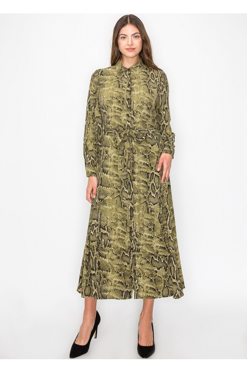 Green Snake-Print Button-Up Dress