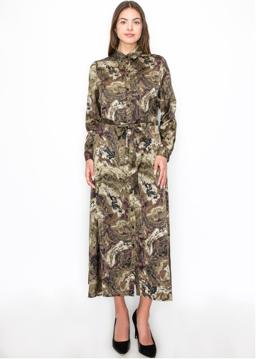 Abstract Olive Swirl Belted Dress