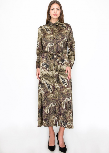 Abstract Olive Swirl Belted Dress