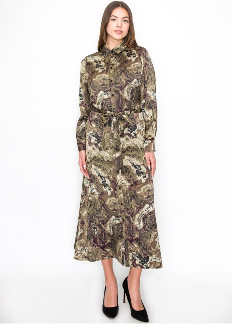 Abstract Olive Swirl Belted Dress