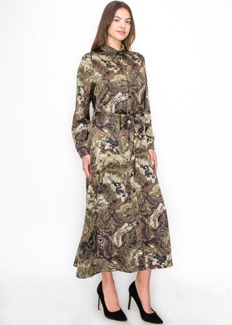 Abstract Olive Swirl Belted Dress