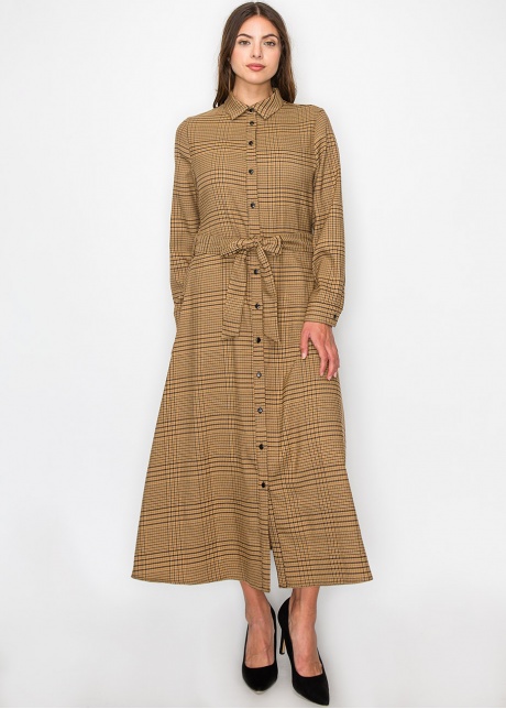 Camel Plaid Shirt Dress with Belt