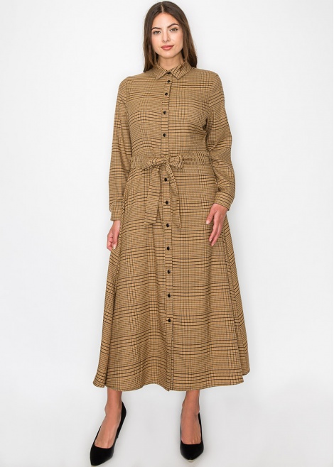 Camel Plaid Shirt Dress with Belt Camel Plaid Shirt Dress with Belt