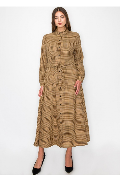 Camel Plaid Shirt Dress with Belt