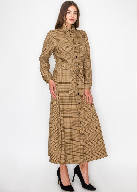 Camel Plaid Shirt Dress with Belt